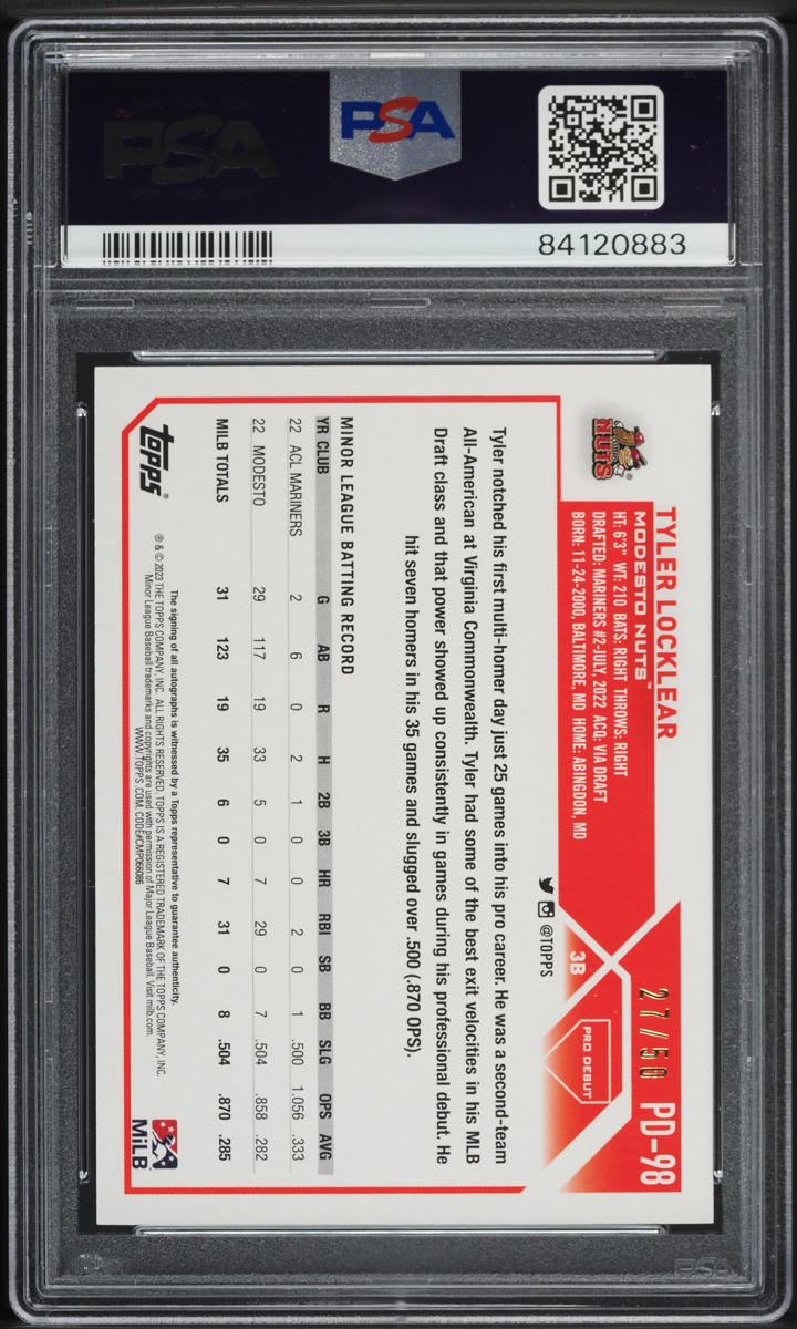2023 Topps Pro Debut Gold Foil Tyler Locklear PROSPECT AUTO /50 #PD98 PSA 10 GEM