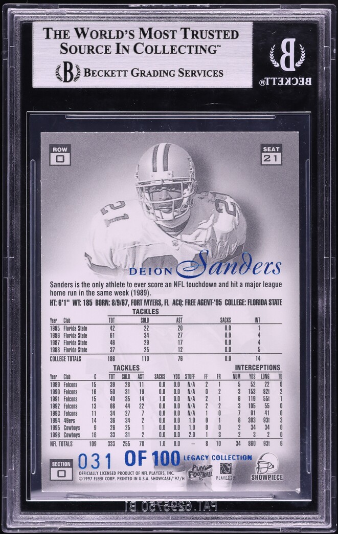 1997 Flair Showcase Legacy Collection Row 2 Deion Sanders /100 #A21 BGS 8 NM-MT - Photo 2