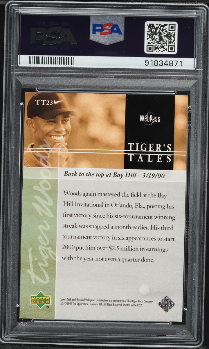 2001 Upper Deck Golf Tiger's Tales Tiger Woods ROOKIE #TT23 PSA 7 NRMT