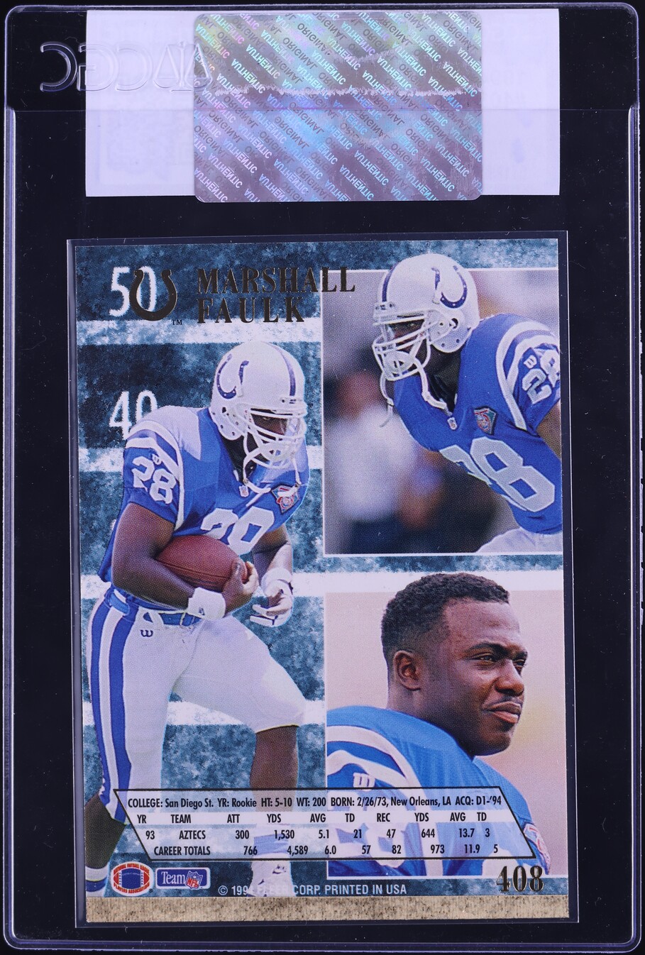 1994 Ultra Football Marshall Faulk ROOKIE #408 CGC AUTH
