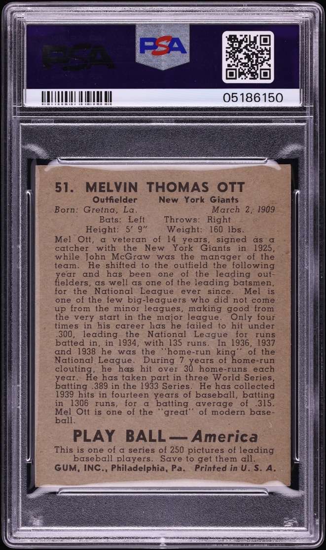 1939 Play Ball Mel Ott #51 PSA 8 NM-MT