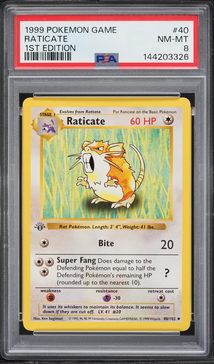 1999 Pokemon Base Set Holo Shadowless 1st Edition Raticate #40 PSA 8 NM-MT