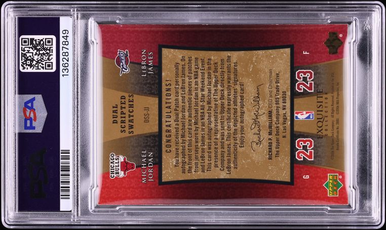 2005 Exquisite Collection Scripted Swatches Michael Jordan LeBron James PATCH AUTO 1/5 PSA 4