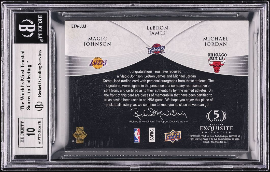 2007 Exquisite Michael Jordan Magic Johnson LeBron James PATCH AUTO 3/3 BGS 9