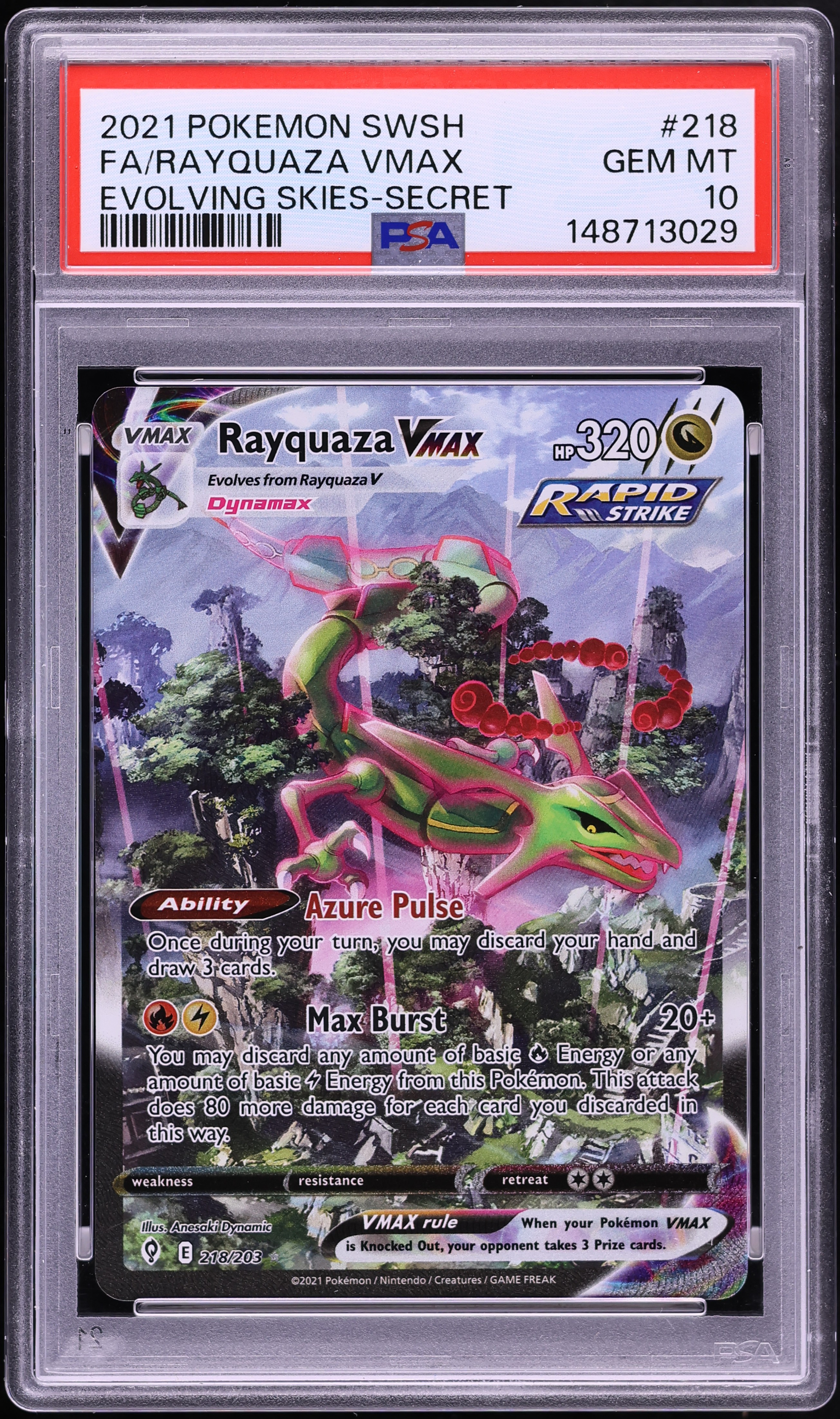 2021 Pokemon Sword & Shield Evolving Skies Alt Art Rayquaza VMAX #218 PSA 10 GEM MINT