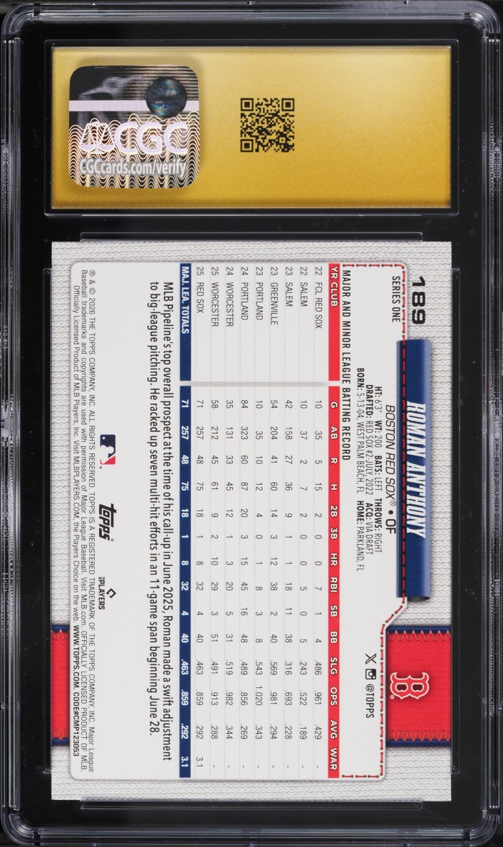 2026 Topps Roman Anthony ROOKIE #189 CGC 10 PRISTINE