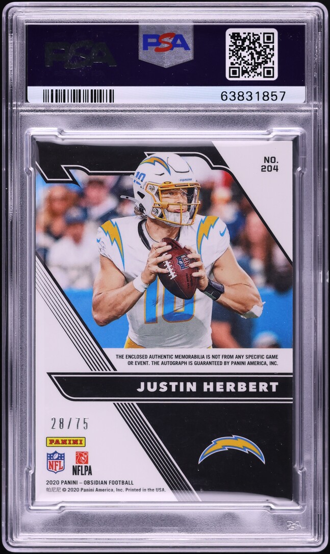 2020 Panini Obsidian E/E Orange Justin Herbert ROOKIE PATCH AUTO /75 #204 PSA 9