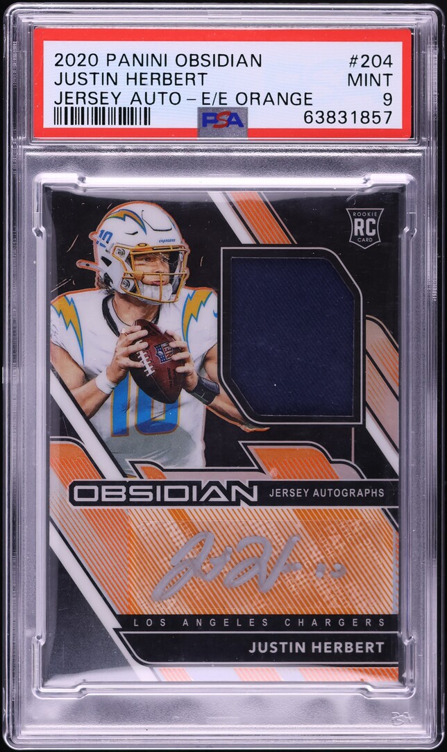 2020 Panini Obsidian E/E Orange Justin Herbert ROOKIE PATCH AUTO /75 #204 PSA 9