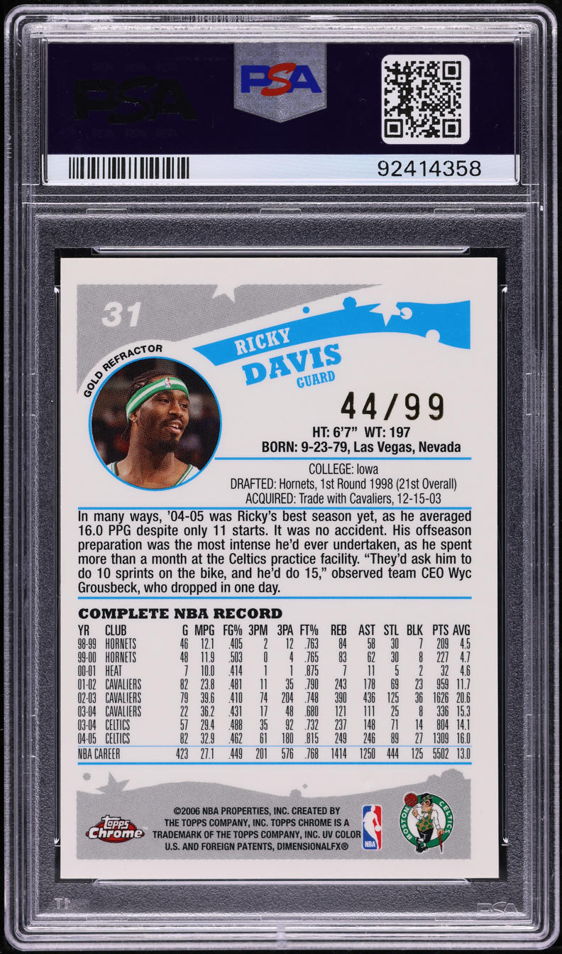 2005 Topps Chrome Gold Refractor Ricky Davis /99 #31 PSA 10 GEM MINT