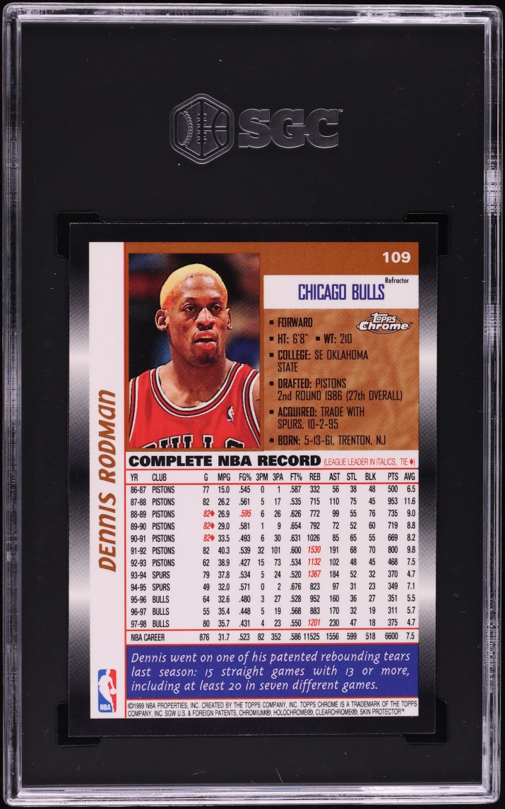 1998 Topps Chrome Refractor Dennis Rodman #109 SGC 9 MINT - Photo 2