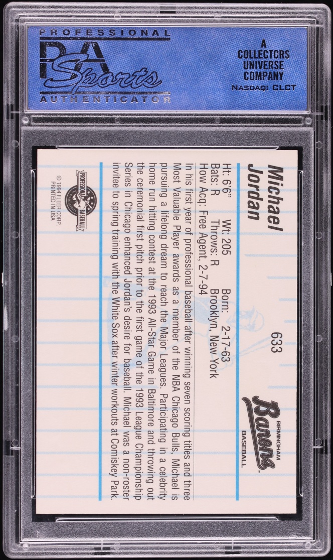 1994 Fleer Procards Birmingham Barons Michael Jordan ROOKIE #633 PSA 10 GEM MINT - Photo 2