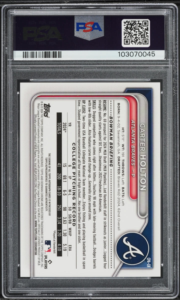 2024 Bowman Chrome Draft Carter Holton PROSPECT AUTO #CPA-CH PSA 10 GEM MINT