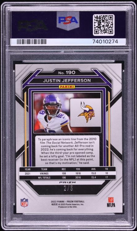 2022 Panini Prizm Gold Vinyl Justin Jefferson /5 #190 PSA 10 GEM MINT - Photo 2