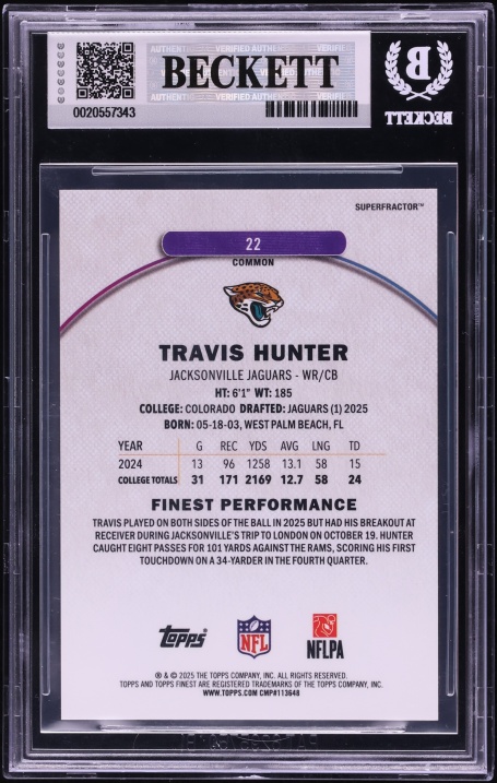 2025 Finest Superfractor Travis Hunter ROOKIE 1/1 #22 BGS 9 MINT - Photo 2