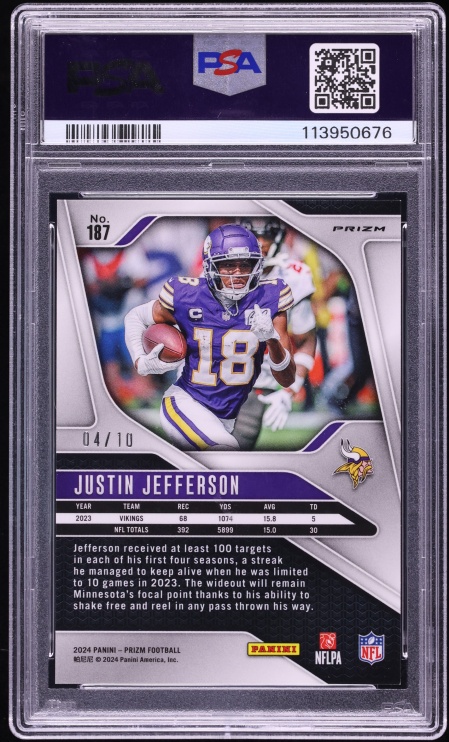2024 Panini Prizm Gold Justin Jefferson /10 #187 PSA 8 NM-MT - Photo 2