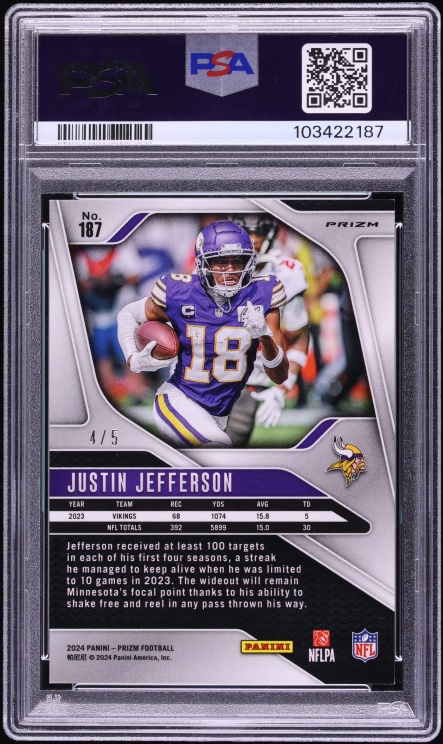 2024 Panini Prizm Gold Vinyl Justin Jefferson /5 #187 PSA 8 NM-MT - Photo 2