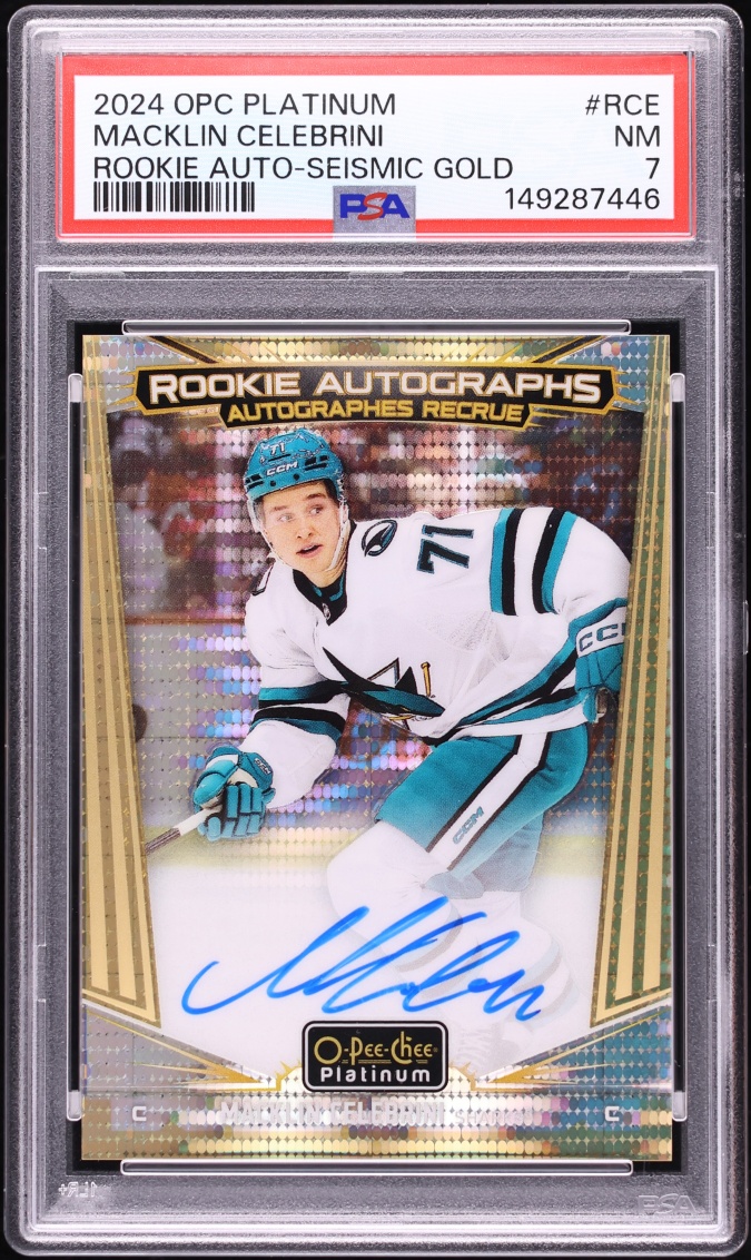 2024 O-Pee-Chee Platinum Seismic Gold Macklin Celebrini ROOKIE AUTO /25 #R-CE PSA 7 NRMT - Photo 1