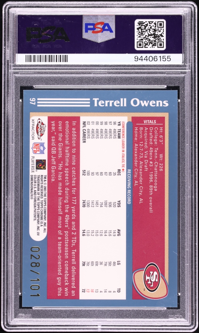 2003 Topps Chrome Gold Xfractor Terrell Owens /101 #97 PSA 9 MINT - Photo 2