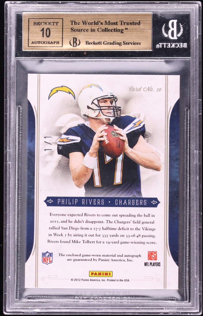 2011 Playoff National Treasures Philip Rivers SHIELD PATCH AUTO 1/1 #10 BGS 9.5 GEM MINT - Photo 2