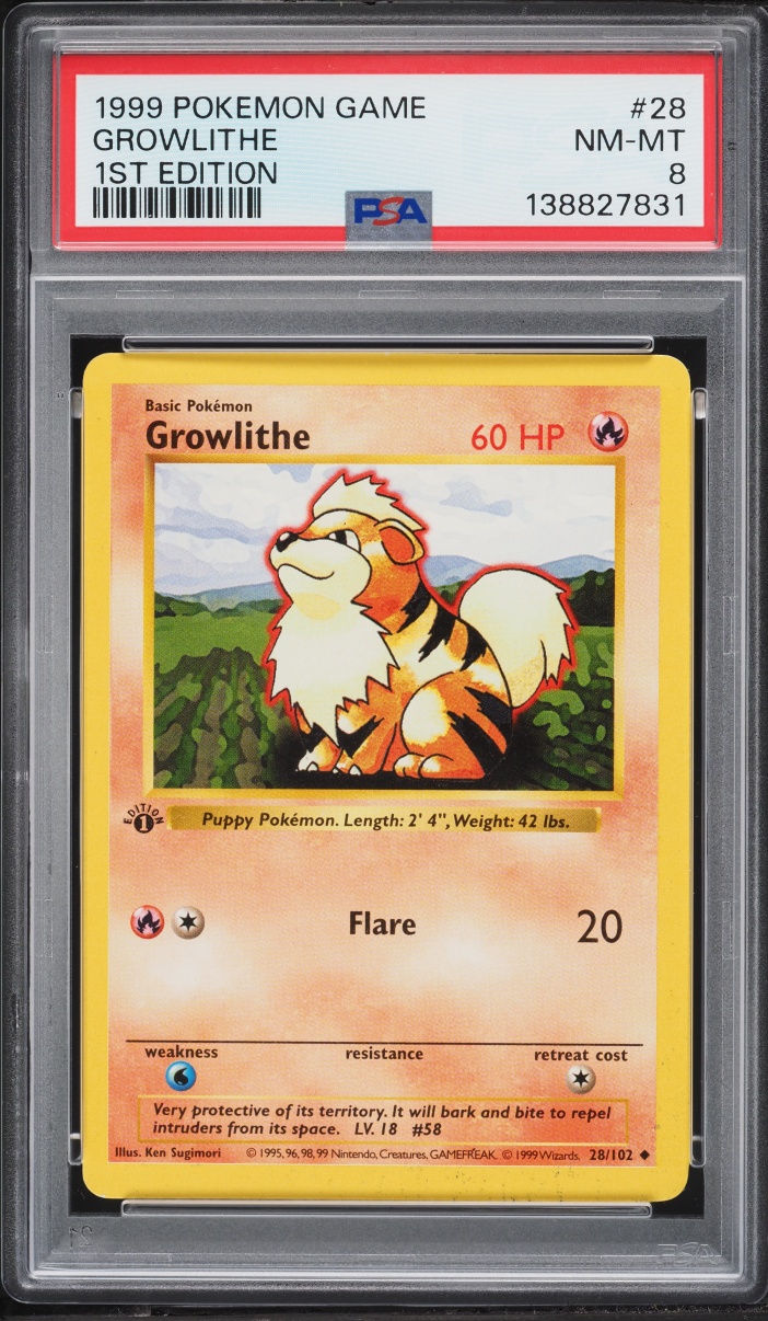 1999 Pokemon Base Set Shadowless 1st Edition Growlithe #28 PSA 8 NM-MT