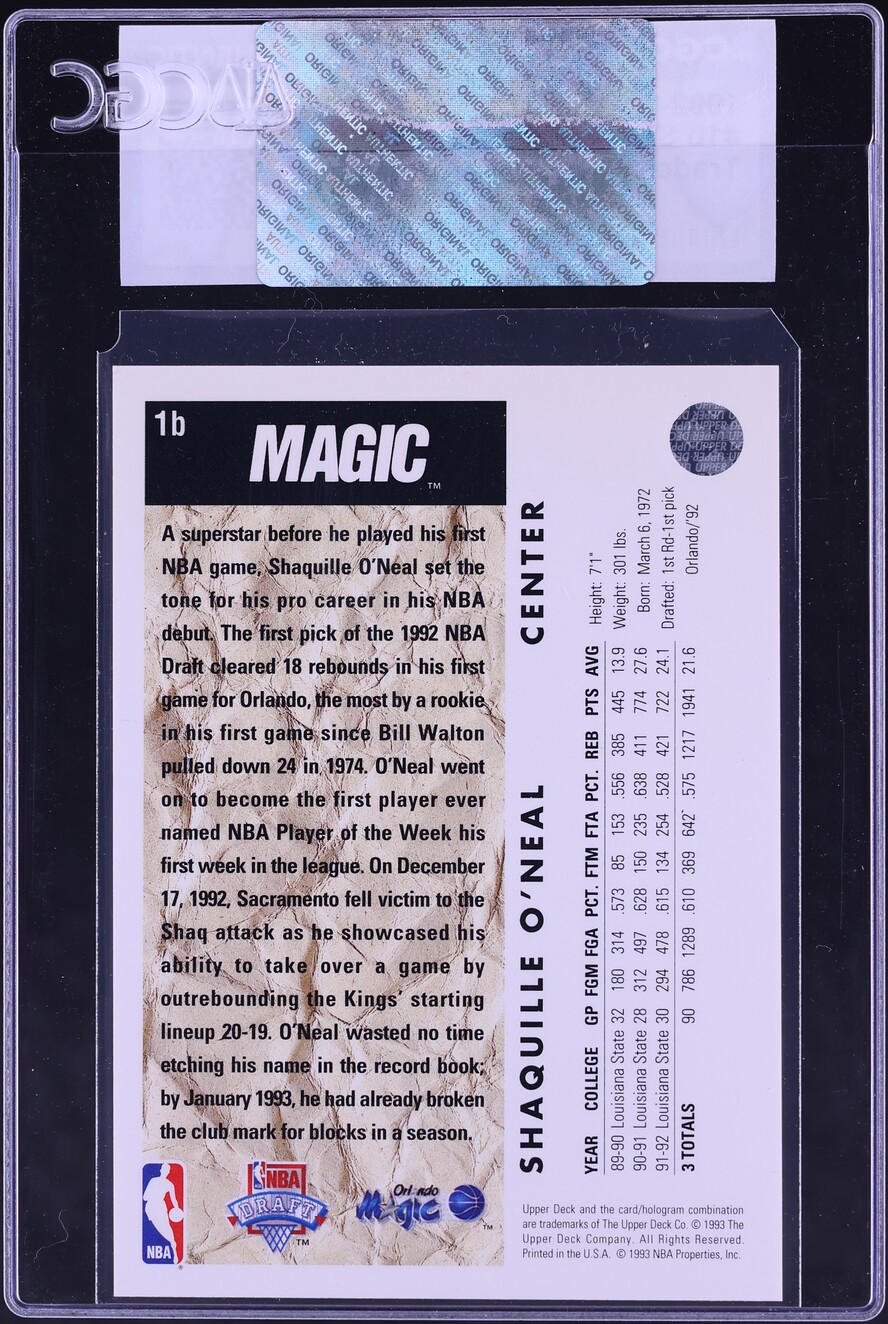 1992 Upper Deck Basketball Shaquille O'Neal ROOKIE #1b CGC AUTH