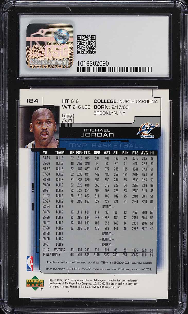 2002 Upper Deck MVP Michael Jordan #184 CSG 9.5 GEM MINT