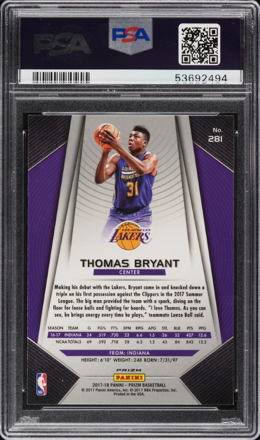 2017 Panini Prizm Silver Prizms Thomas Bryant ROOKIE #281 PSA 10 GEM MINT