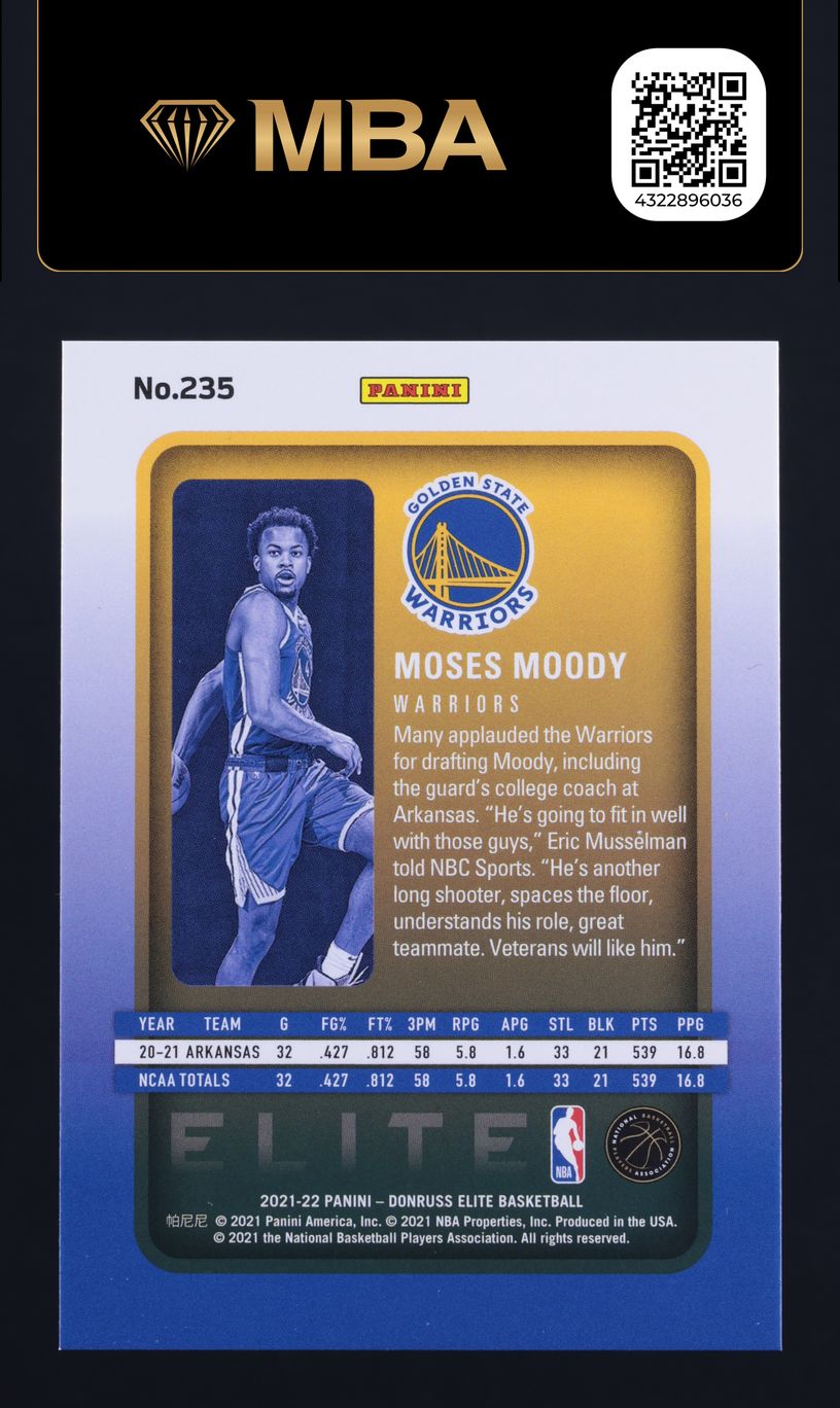2021 Donruss Elite Moses Moody ROOKIE /999 #235 MBA AUTH on