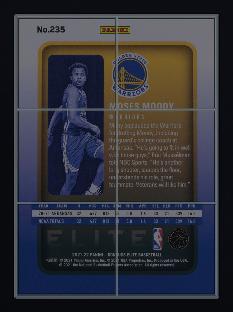 2021 Donruss Elite Moses Moody ROOKIE /999 #235 MBA AUTH on