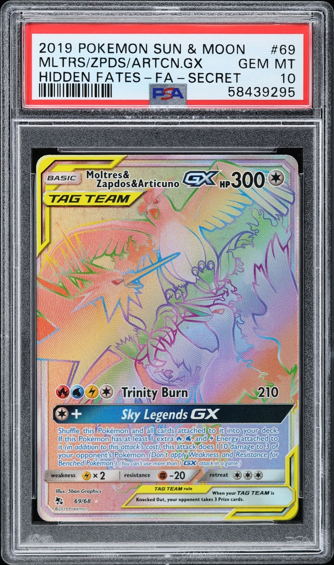 2019 Pokemon SM Hidden Fates Rainbow Rare Moltres & Zapdos & Articuno GX #69 PSA 10 GEM MINT