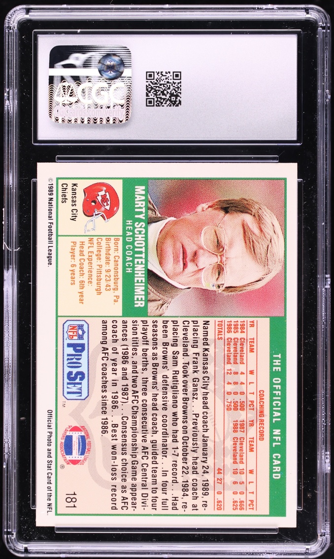 1989 Pro Set Marty Schottenheimer #181 CGC 8 NM-MT