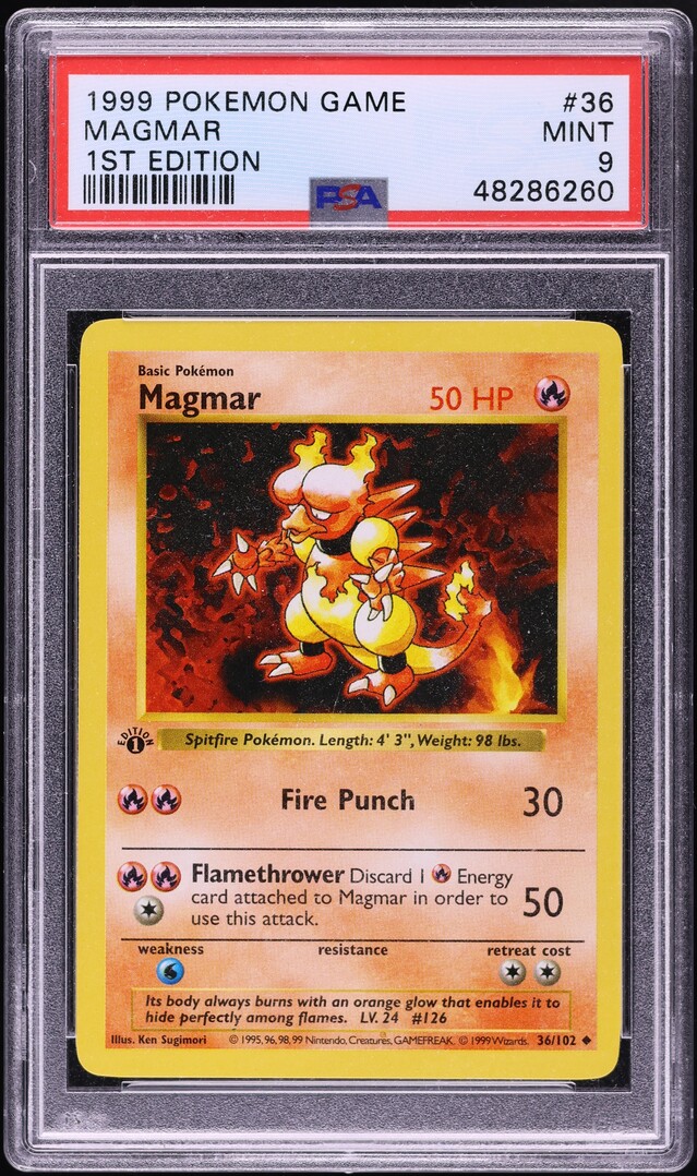 1999 Pokemon Base Set Shadowless 1st Edition Magmar #36 PSA 9 MINT