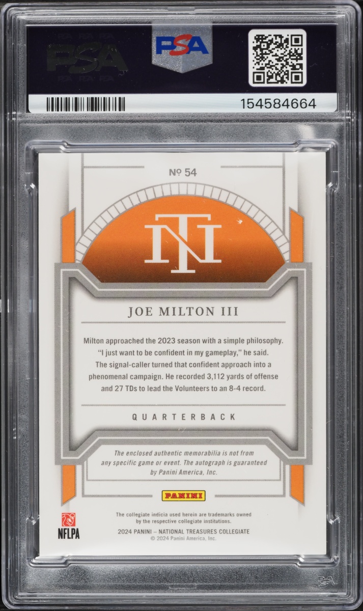 2024 National Treasures Collegiate Purple Joe Milton III ROOKIE PATCH AUTO /25 #54 PSA 9 MINT