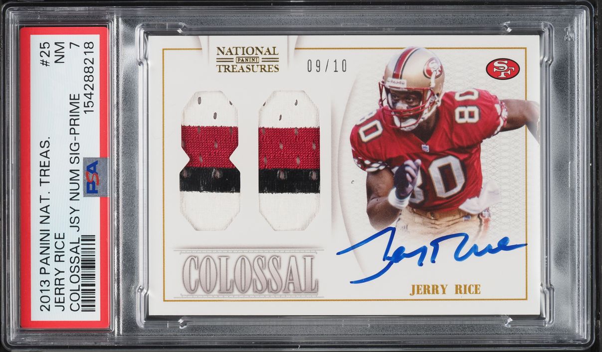 2013 National Treasures Colossal Jersey Number Prime Jerry Rice PATCH AUTO /10 #25 PSA 7 NRMT