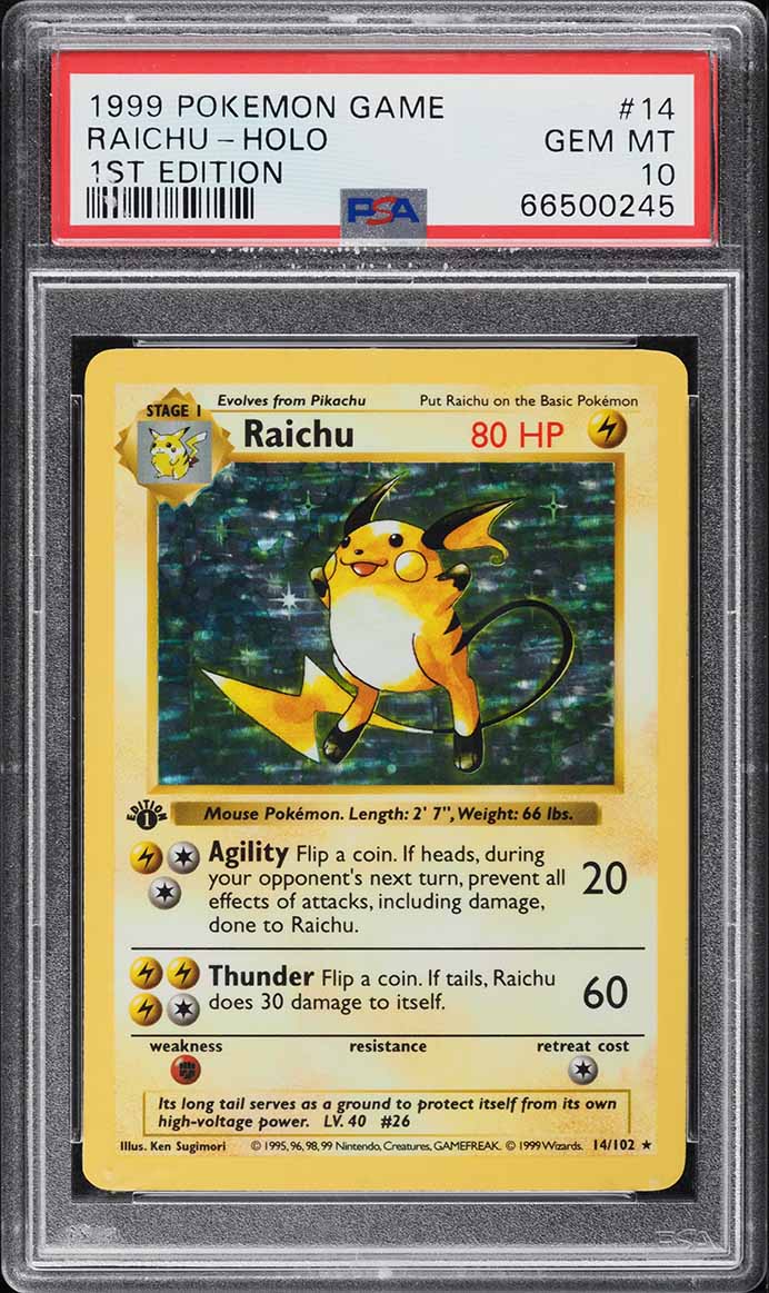 1999 Pokemon Base Set Shadowless 1st Edition Holo Raichu #14 PSA 10 GEM MINT