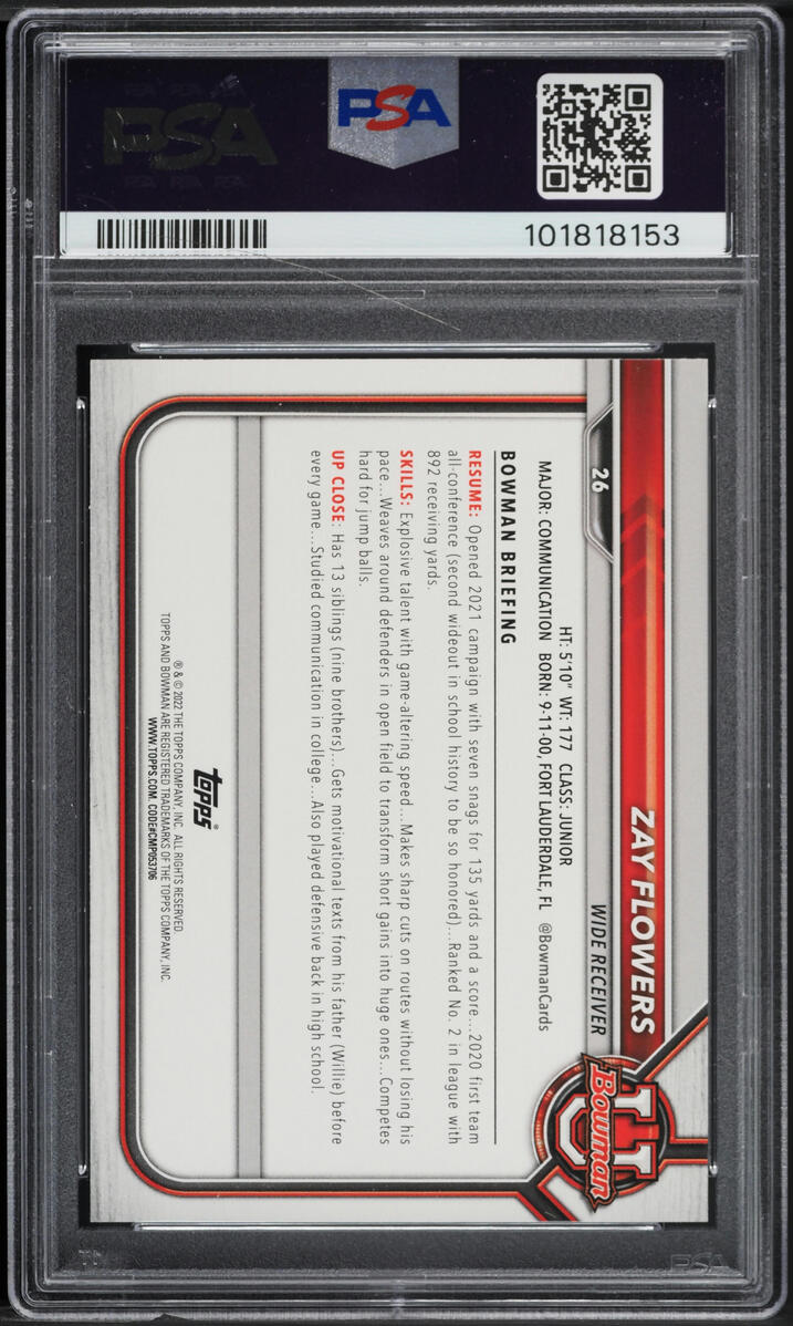 2021 Bowman University Paper Zay Flowers ROOKIE #26 PSA 9 MINT