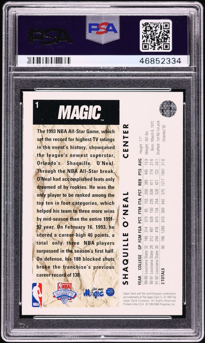 1992 Upper Deck Basketball Shaquille O'Neal ROOKIE #1 PSA 8.5 NM-MT+