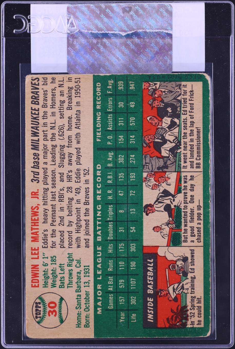 1954 Topps Eddie Mathews #30 JSA CGC AUTH