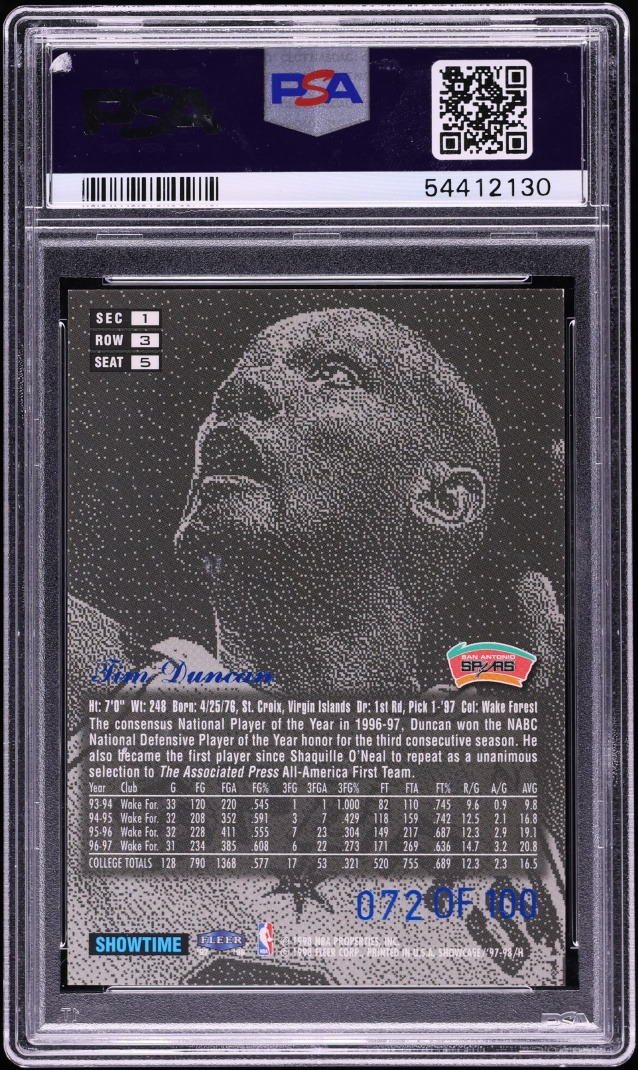 1997 Flair Showcase Legacy Collection Row 3 Tim Duncan ROOKIE /100 #5 PSA 7 NRMT - Photo 2