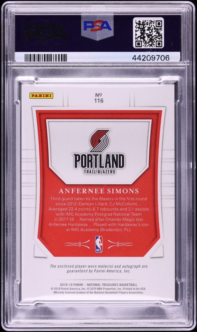 2018 National Treasures Anfernee Simons ROOKIE PATCH AUTO DNA 10 /99 #116 PSA 10 GEM MINT - Photo 2