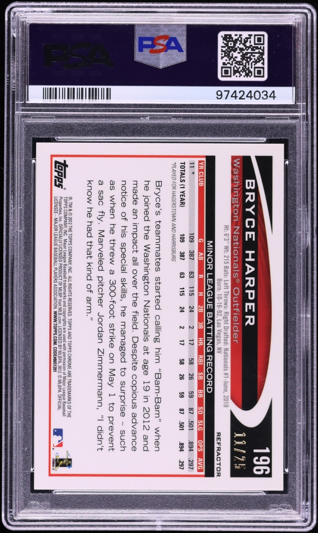 2012 Topps Chrome Red Refractor Bryce Harper ROOKIE /25 #196 PSA 10 GEM MINT - Photo 2
