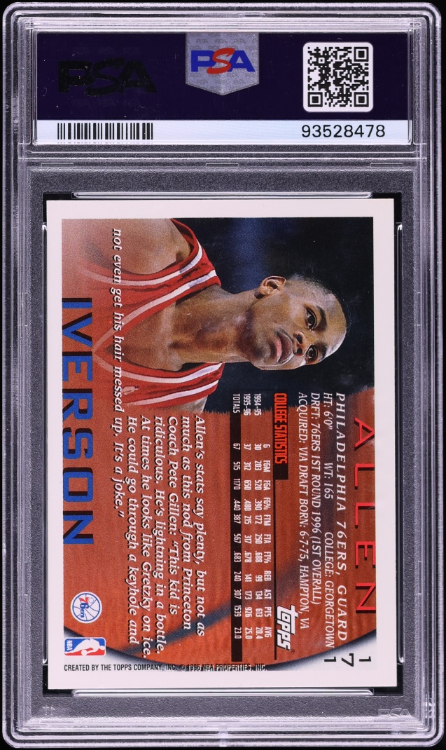 1996 Topps NBA 50th Allen Iverson ROOKIE #171 PSA 10 GEM MINT - Photo 2
