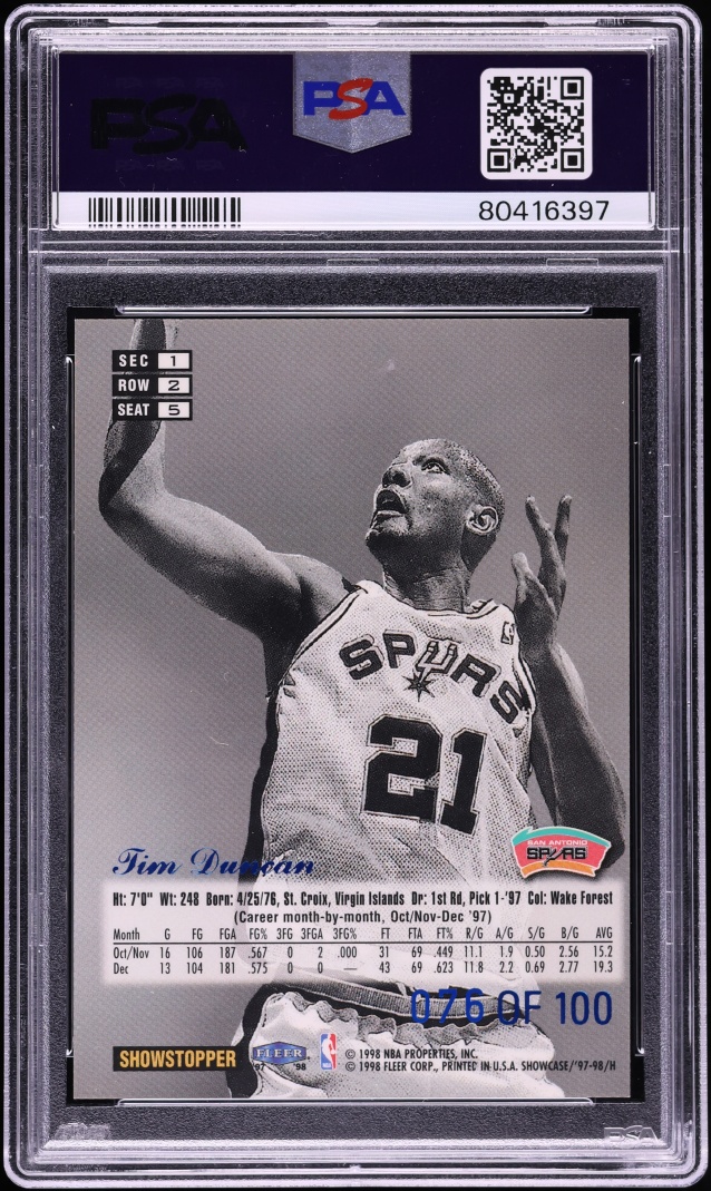 1997 Flair Showcase Legacy Collection Row 2 Tim Duncan ROOKIE /100 #5 PSA 9 MINT - Photo 2