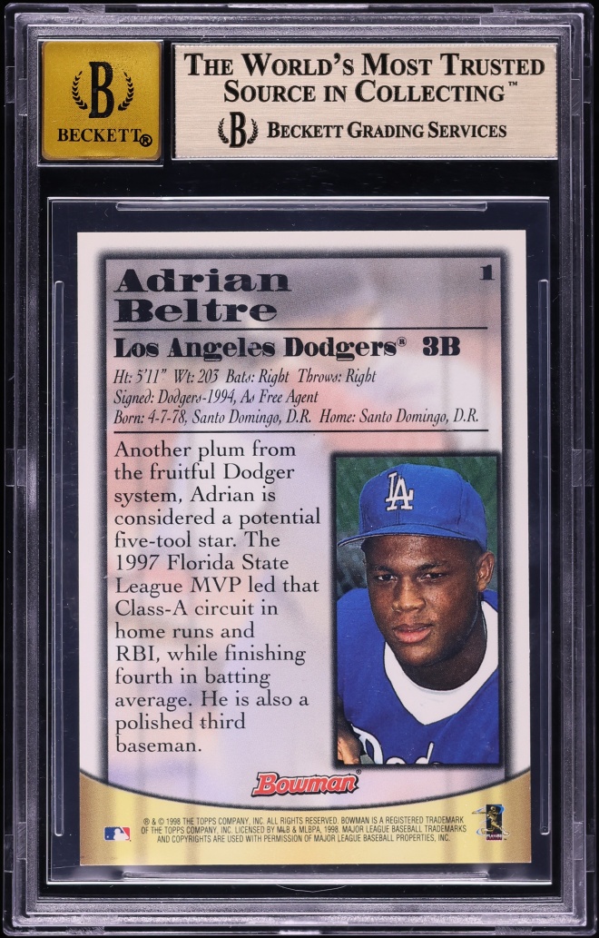 1998 Bowman Certified Blue Adrian Beltre ROOKIE AUTO #1 BGS 9.5 GEM MINT - Photo 2