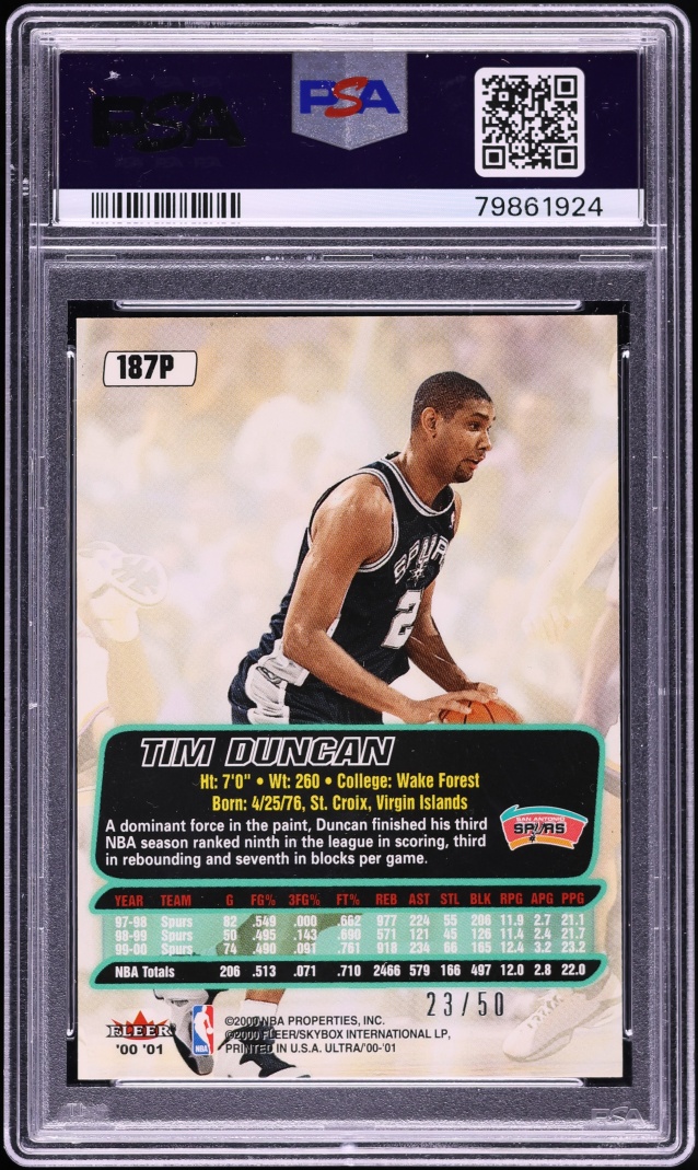 2000 Ultra Platinum Medallion Tim Duncan /50 #187P PSA 10 GEM MINT - Photo 2