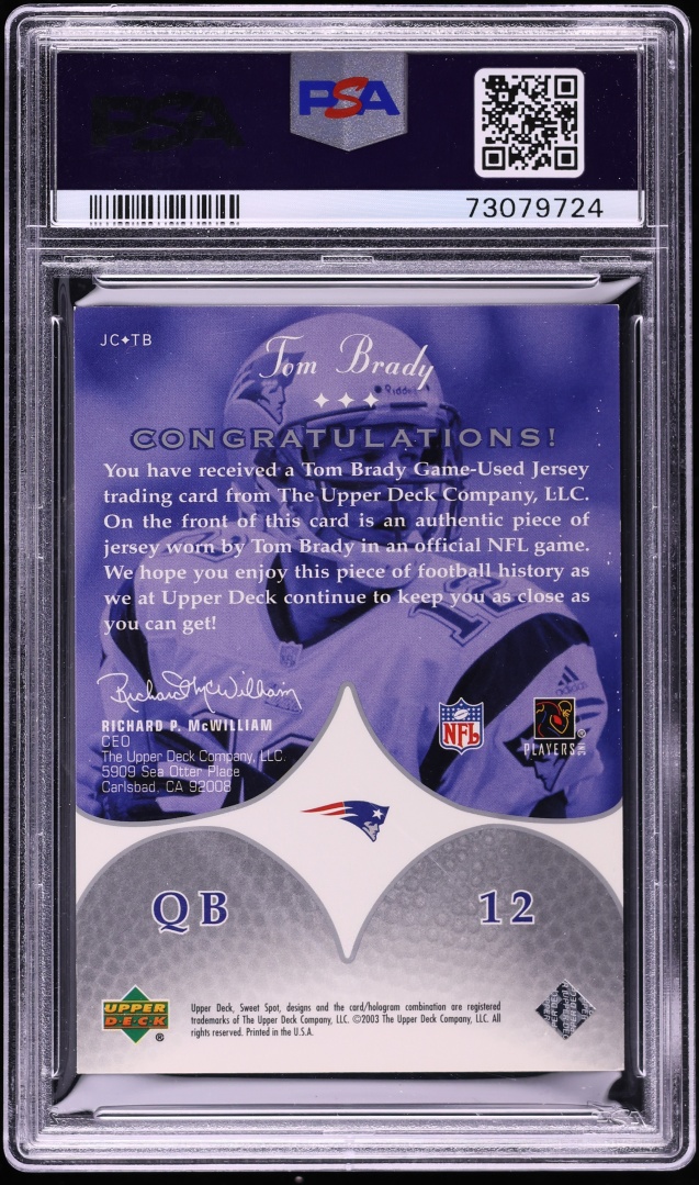 2003 Upper Deck Sweet Spot Jersey Tom Brady PATCH /300 #JC-TB PSA 8 NM-MT - Photo 2