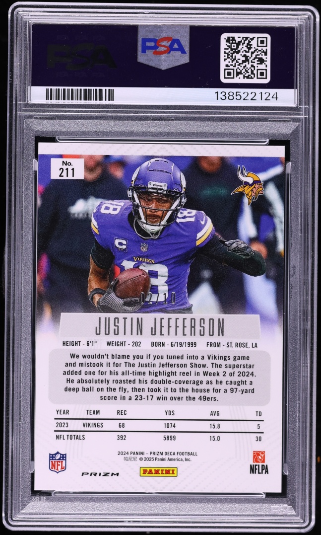 2024 Panini Prizm Deca Gold Justin Jefferson /10 #211 PSA 9 MINT - Photo 2