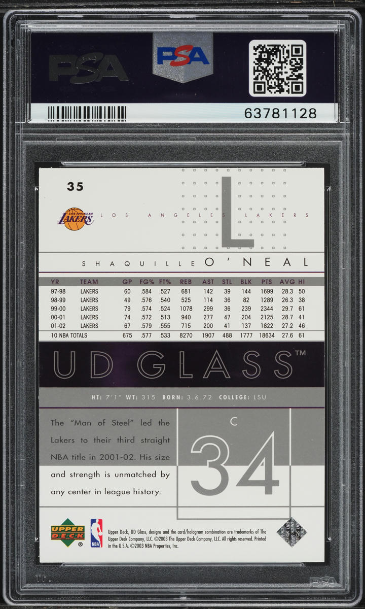 2002 Upper Deck Glass Shaquille O'Neal #35 PSA 10 GEM MINT