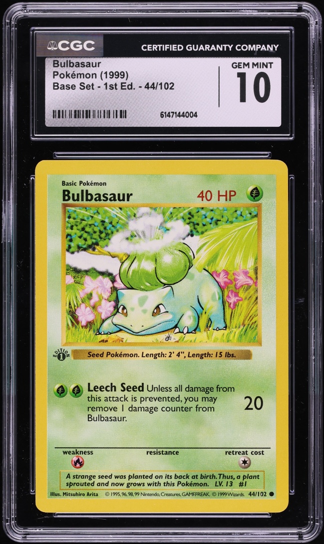 1999 Pokemon Base Set Shadowless 1st Edition Bulbasaur #44 CGC 10 GEM MINT