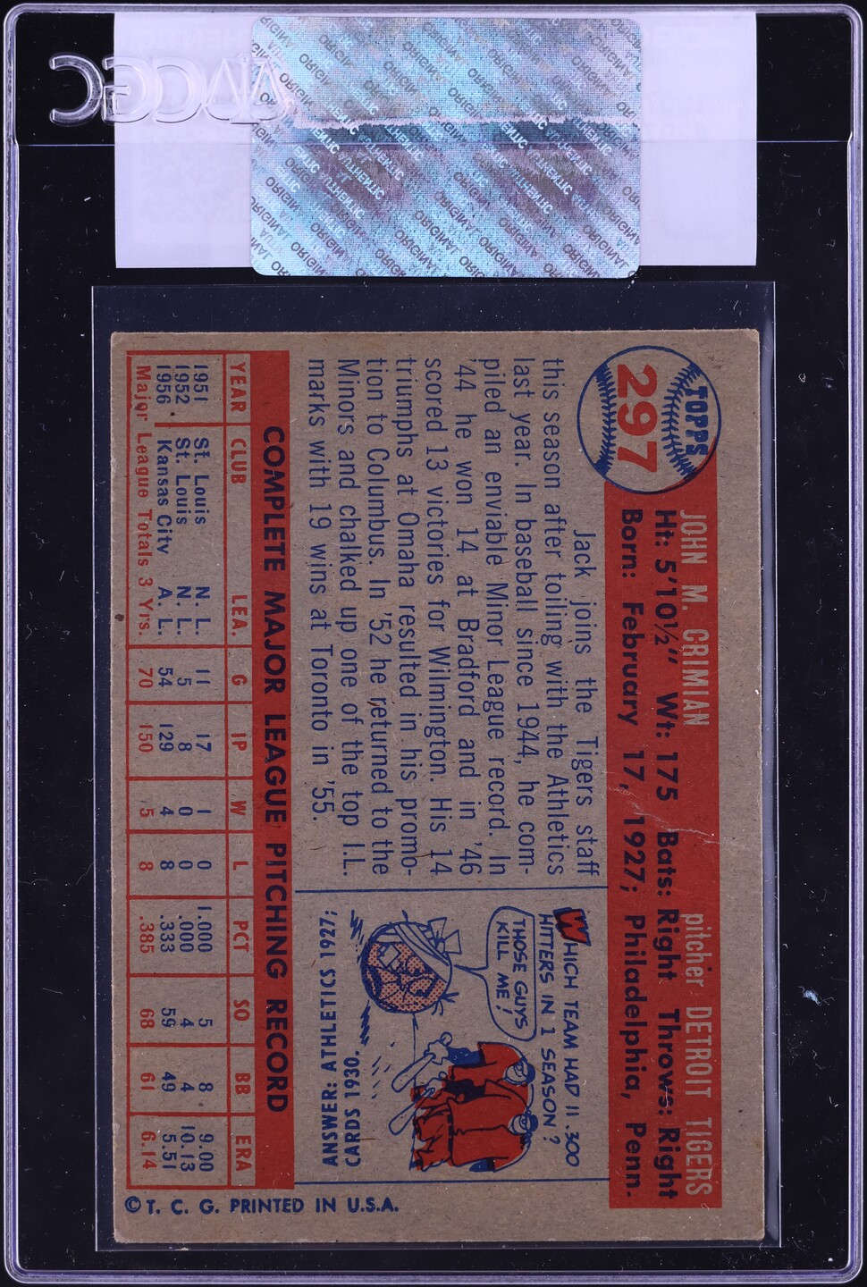 1957 Topps Jack Crimian #297 CGC AUTH